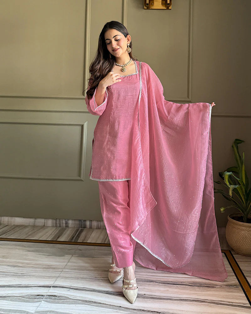 Womenline Pink Color Crunchy Silk Farshi Suit
