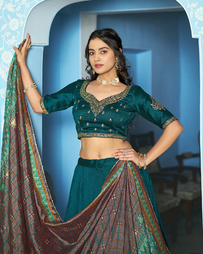 Womenline Elegant Teal Green Embroidered Vichitra Silk Lehenga Choli