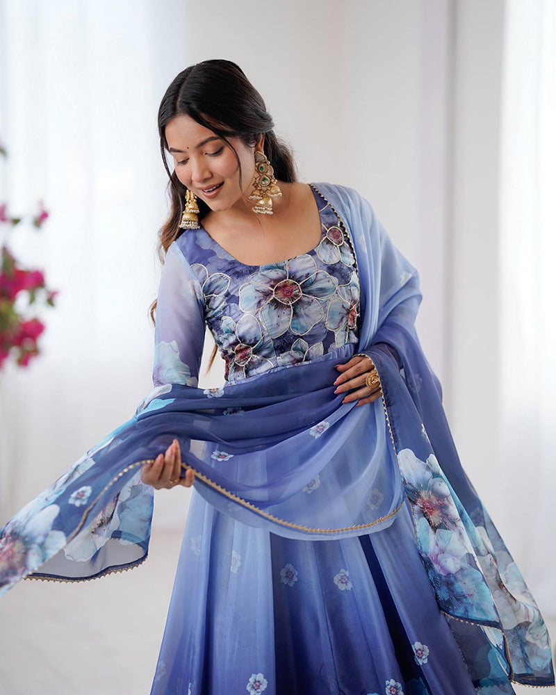 Womenline Navy Blue Floral Print Organza Three Piece Anarkali Suit