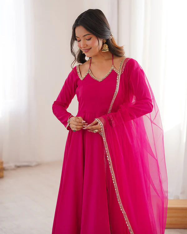Womenline Rani Pink Color Chanderi Roman Silk Three Piece Anarkali Suit