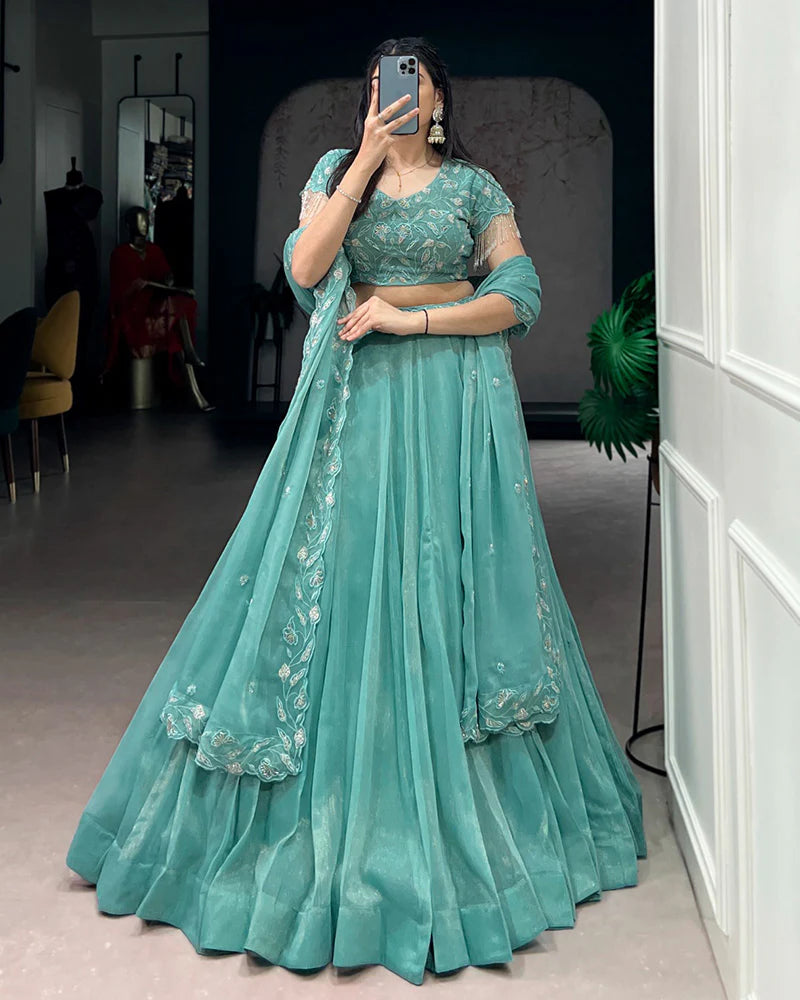 Womenline Sky Blue Color Gold Coin Embroidered Lehenga Choli