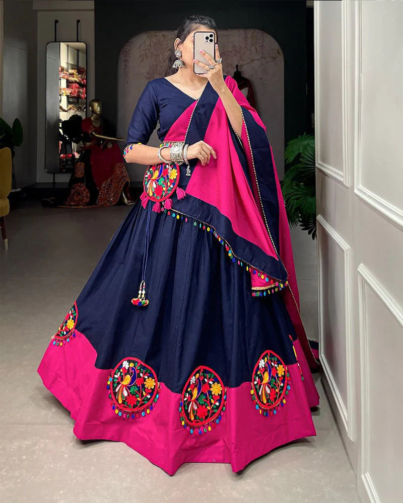 Womenline Navy Blue Color Pure Cotton Gamthi Work Navratri Lehenga Choli