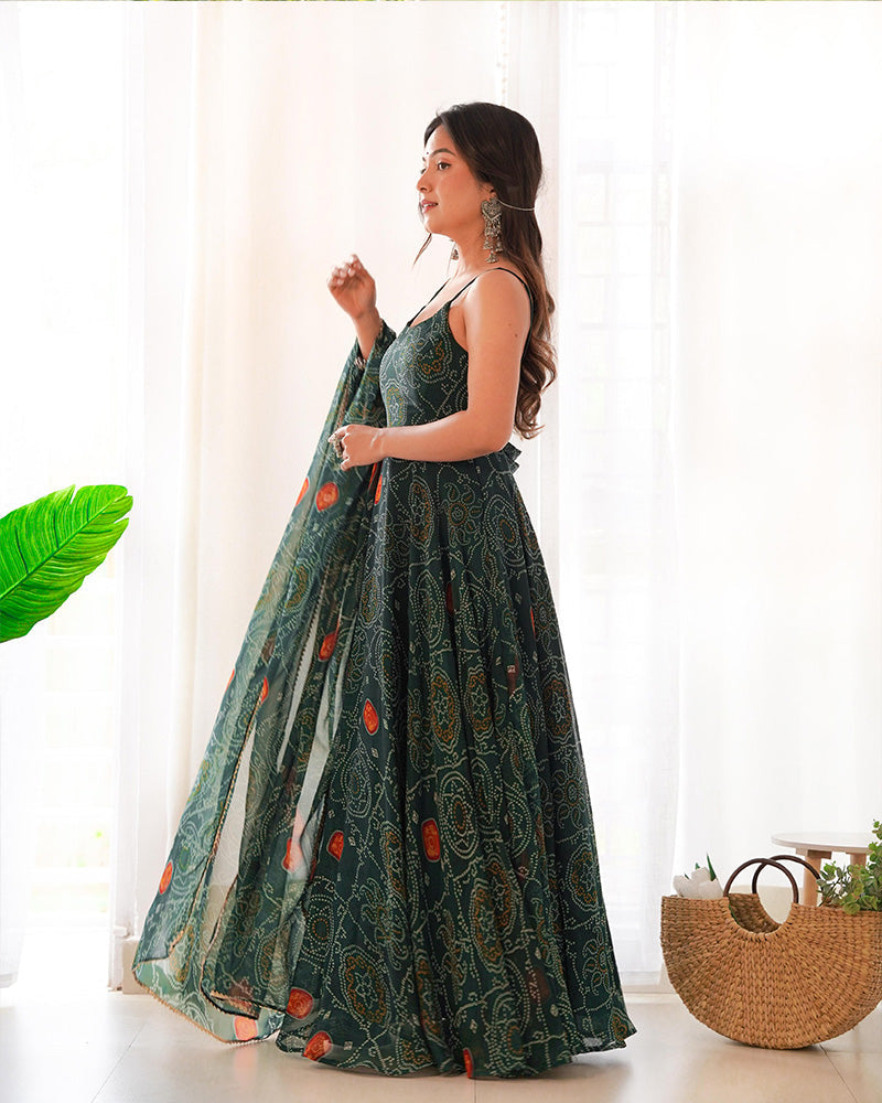 Womenline Floral Dark Green Color Bandhani Print Soft Chiffon Anarkali Gown