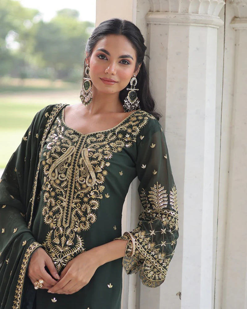 Womenline Mehndi Color Georgette Embroidered Three Piece Kurti Suit