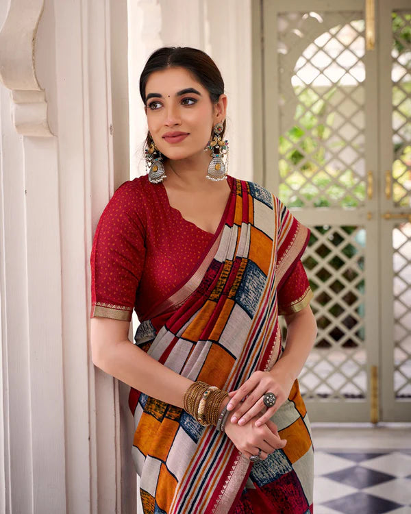 Womenline Maroon Color Polyester Chanderi Printed Saree