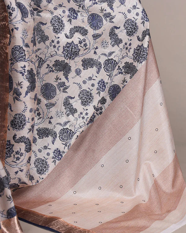 Womenline Off White Color Designer Tasar Silk Printed Saree