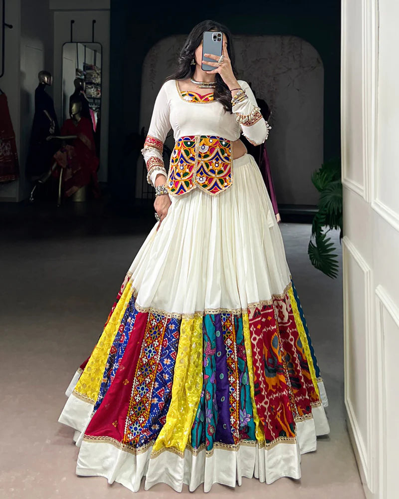 Womenline Multi White Color Pure Rayon Navratri Lehenga Choli