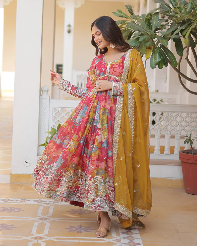 Womenline Wedding Wear Floral Embroidered Red Color Alia Cut Gown With Dupatta