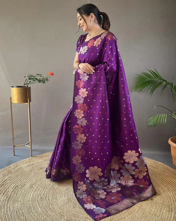 Womenline Jacquard Design Purple color Soft Lichi Silk Saree