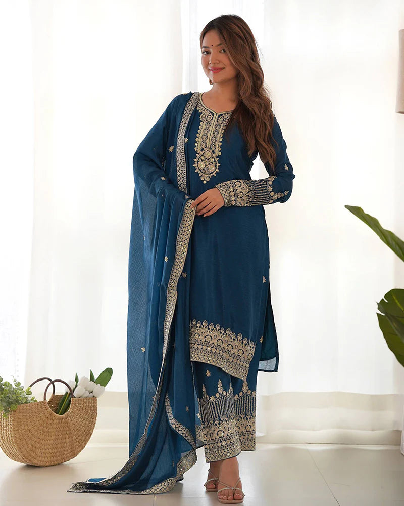 Womenline Morpich Color Pure Chinon Silk Three Piece Kurti Suit