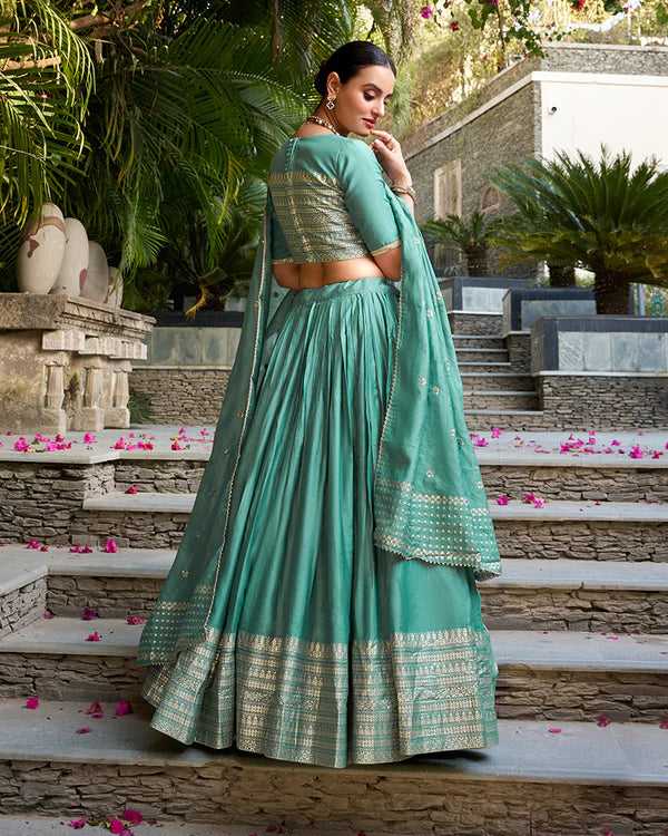 Womenline Sea Green Color Pure Chanderi Plain Navratri Half Saree