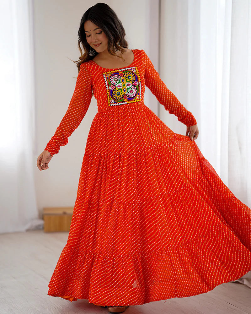 Womenline Orange Color Georgette Laheriya Print Navratri Gown