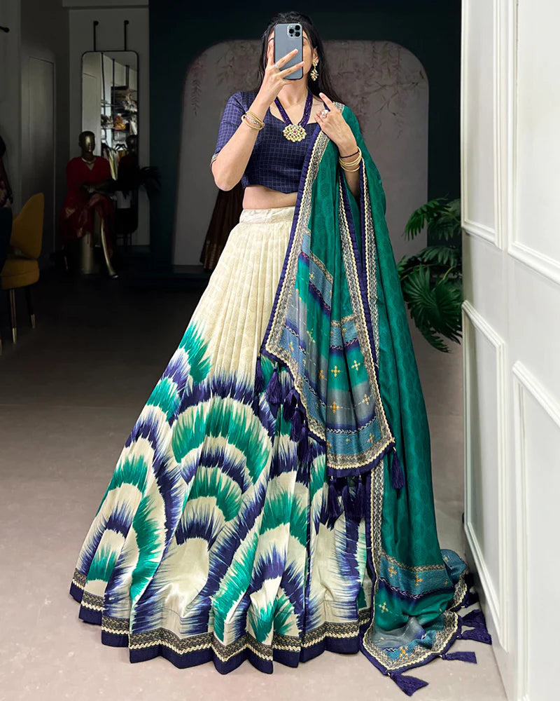 Womenline Navy Blue Color Tasar Silk Dye Printed Lehenga Choli