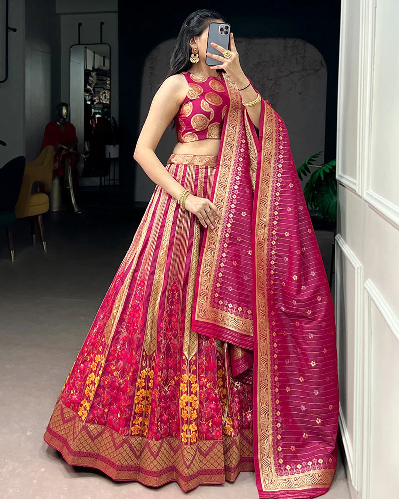 Womenline Rani Pink Color Banarasi Silk Zari Weaving Lehenga Choli