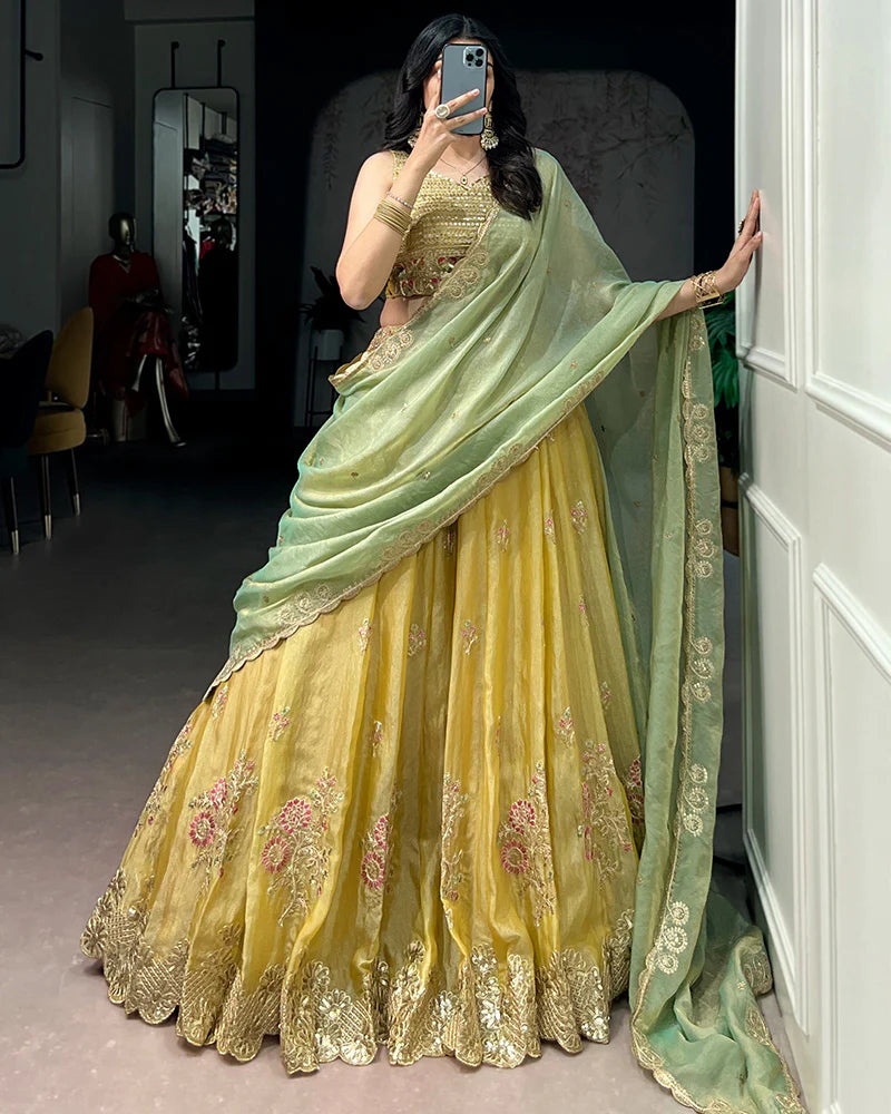 Womenline Yellow Color Moss Silk Embroidered Lehenga Choli