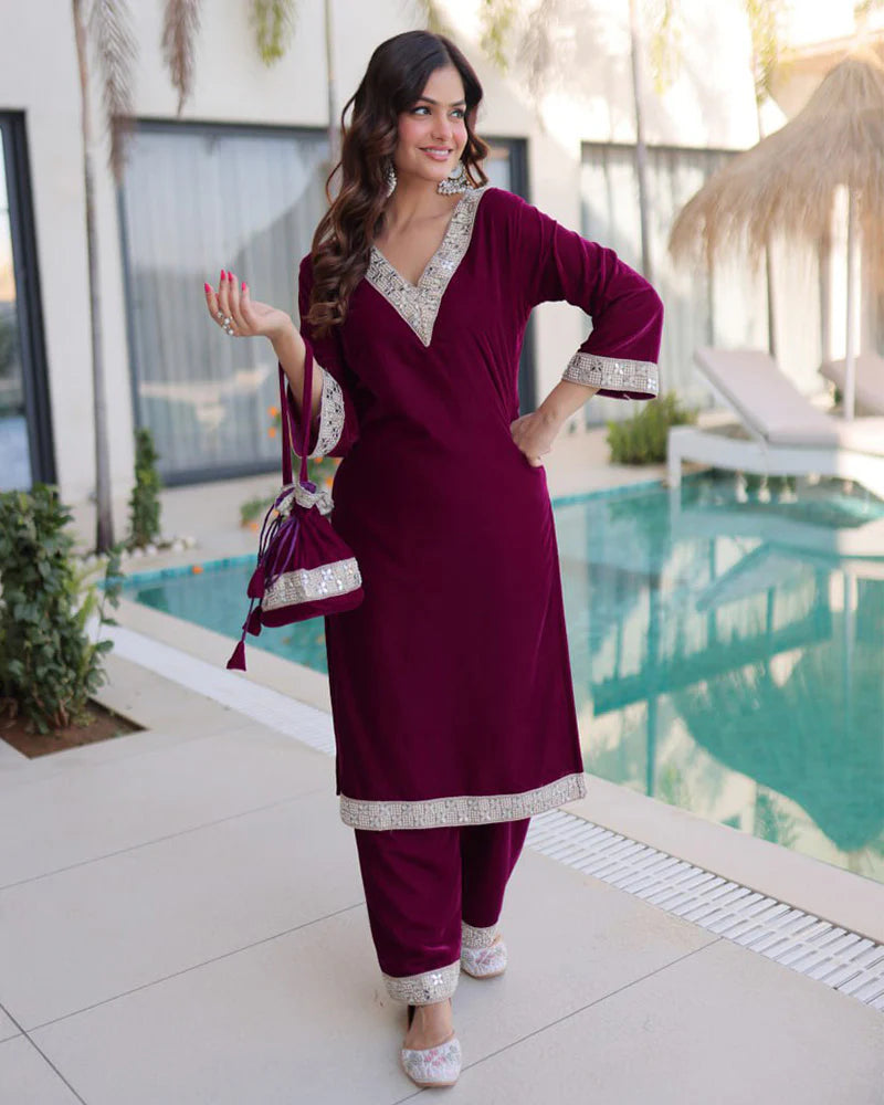 Womenline Wine Color Ice Velvet Embroidered Plazzo Suit