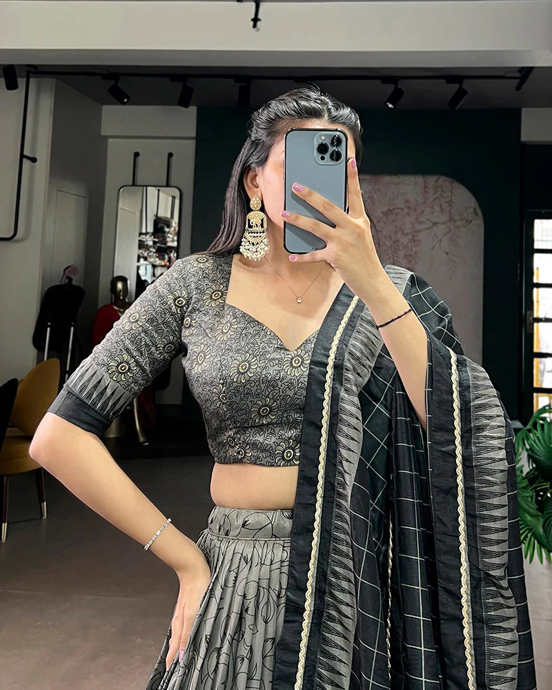 Womenline Grey Color Tasar Silk Kalamkari Printed Lehenga Choli