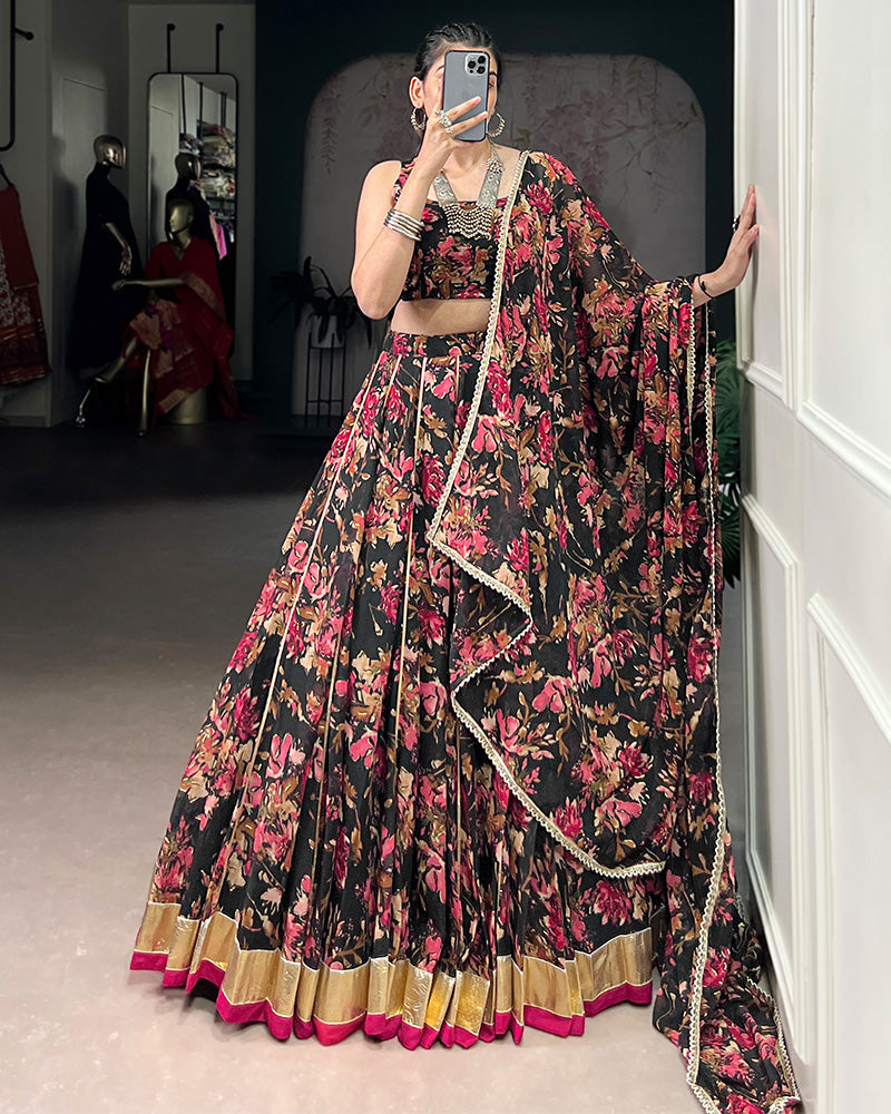Womenline Black Color Chiffon Printed Lehenga Choli