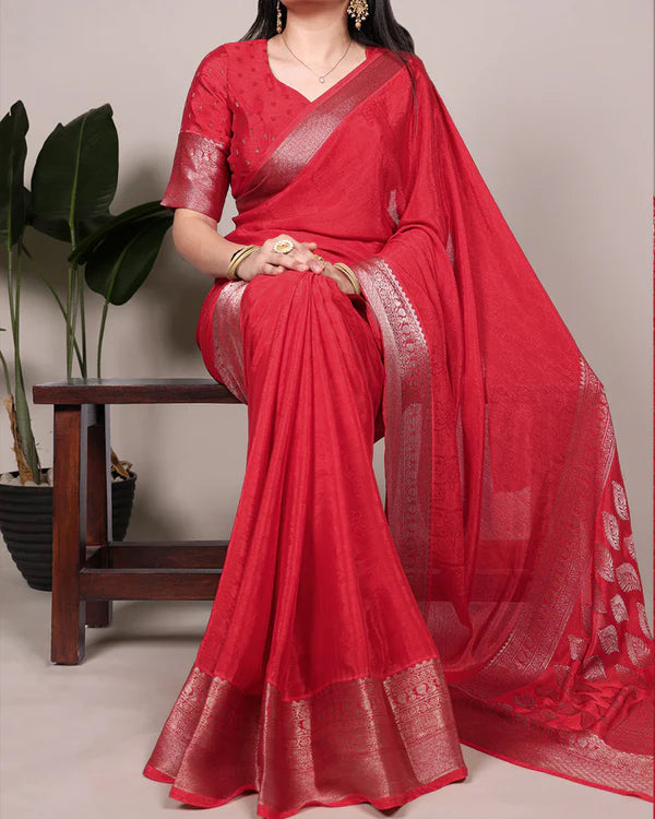 Womenline Red Color Chinon Self Printed Saree