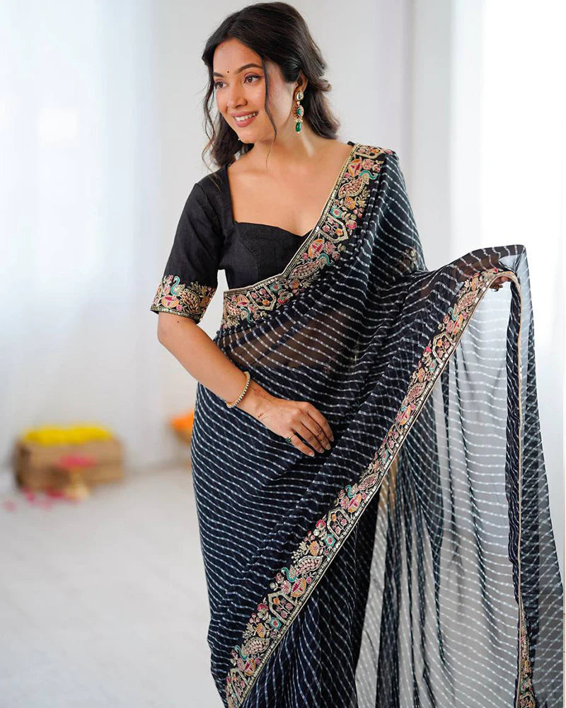 Womenline Black Color Faux Georgette Bandhej Print Saree