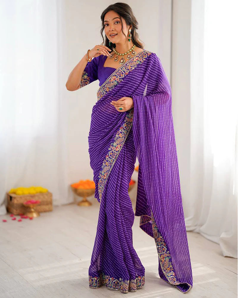 Womenline Purple Color Faux Georgette Bandhej Print Saree