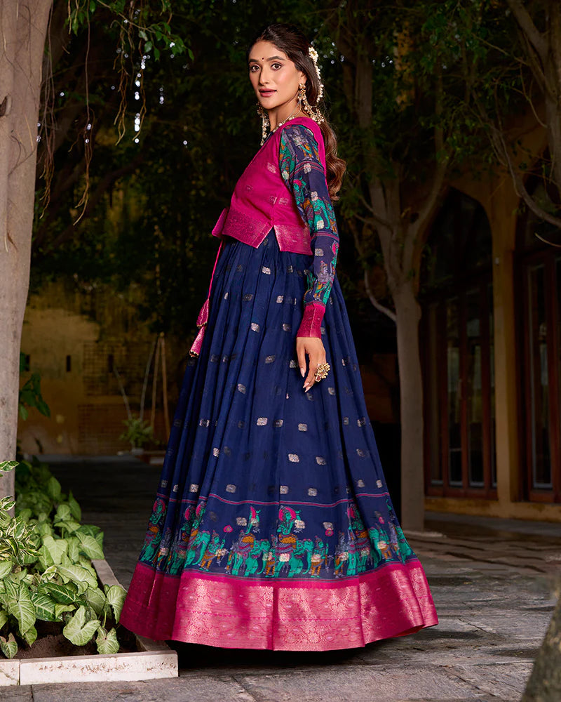 Womenline Elegant Navy Blue Color Poly Cotton Gown With koti