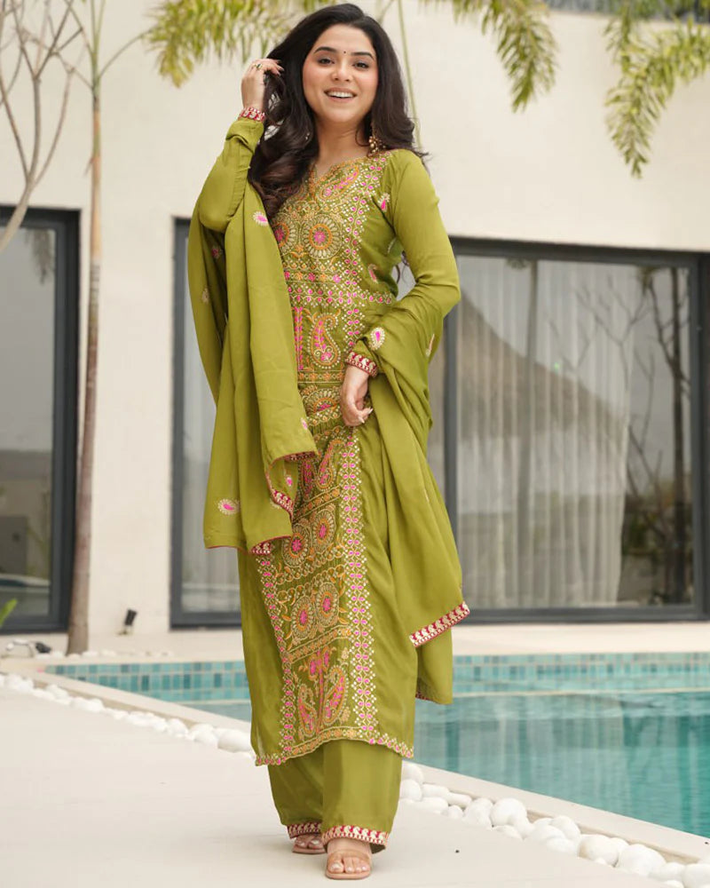 Womenline Parrot Color Chinon Embroidered Kurti Suit