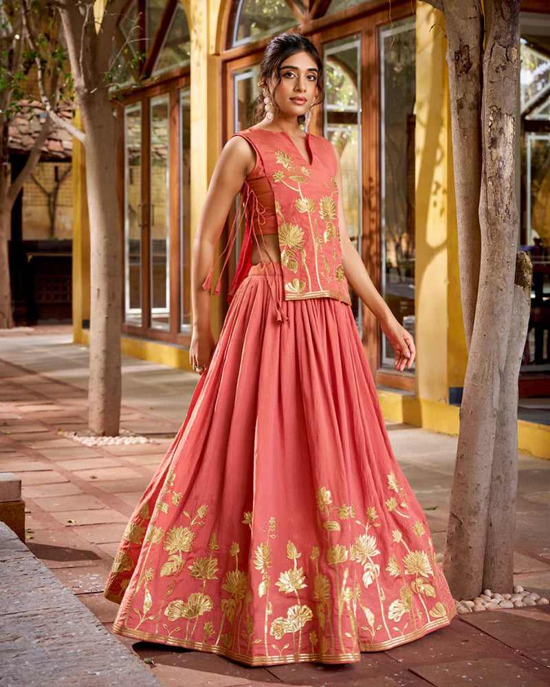 Womenline Peach Color Pure Shimmer Embroidered Lehenga Choli