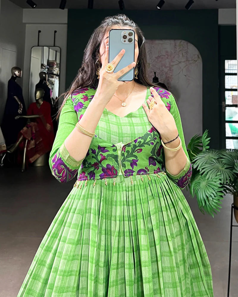 Womenline Parrot Green Color Viscose Chanderi Printed Gown