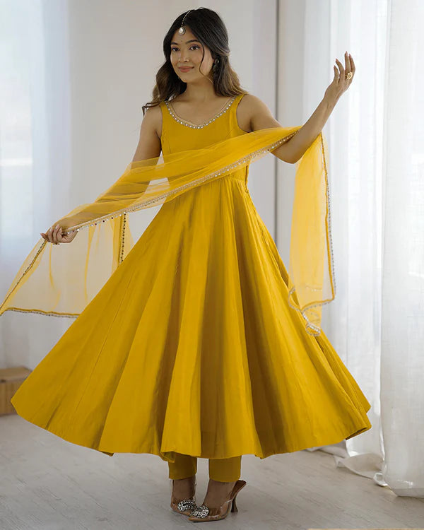Womenline Yellow Color Chanderi Pure Roman Silk Anarkali Suit