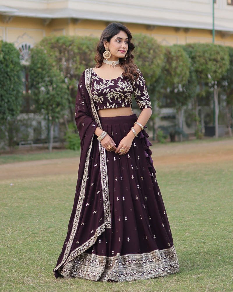 Womenline Wedding Wear Dark Wine Color Designer Blooming Lehenga Choli