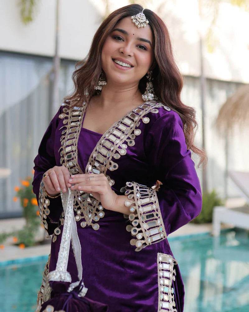 Womenline Deep Violet Color Ice Velvet Embroidered Plazzo Suit