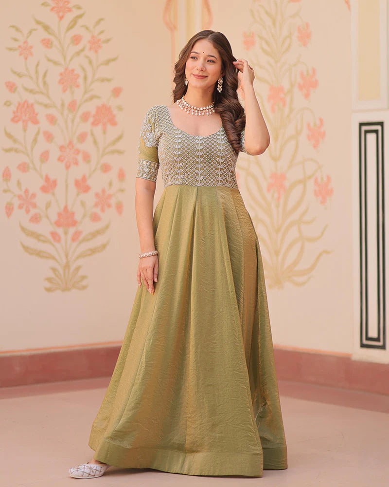 Womenline Mehndi Color Fendi Embroidered work Gown