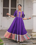 Womenline Colorful Border Purple Color Roman Silk Gamthi Work Navratri Gown