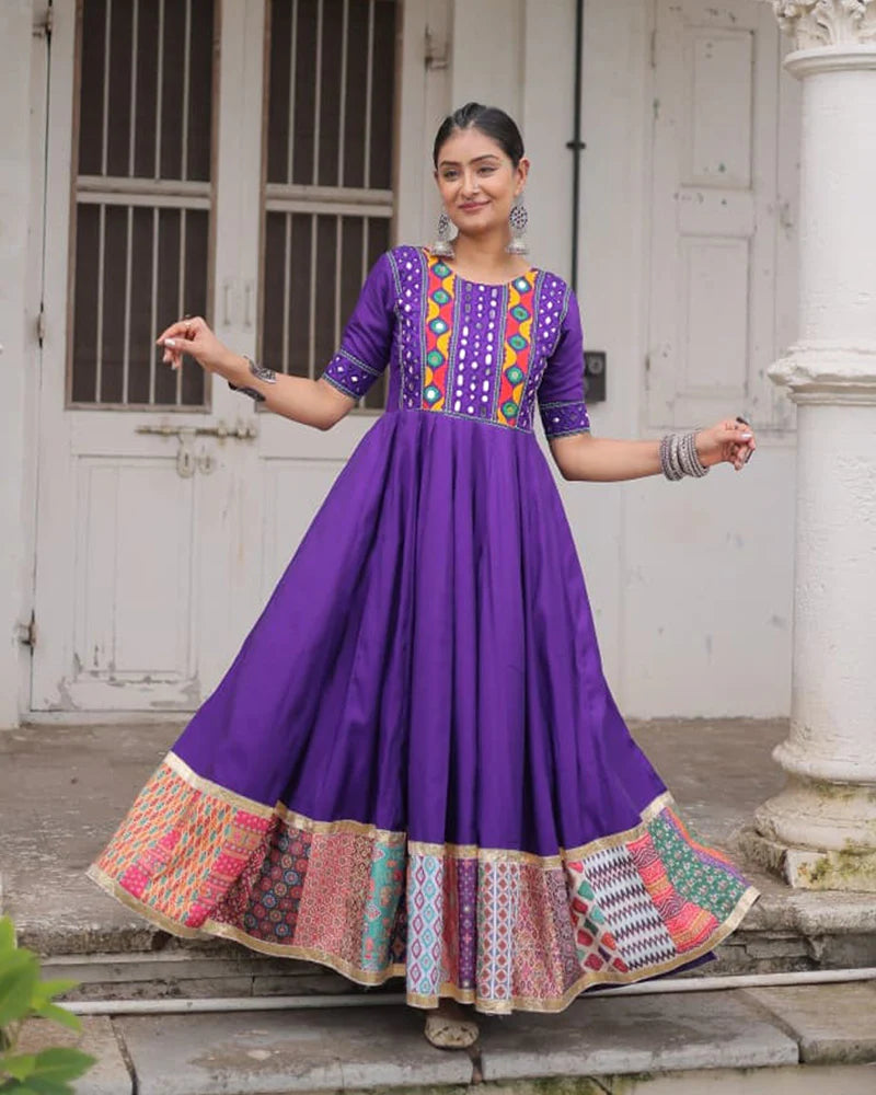 Womenline Colorful Border Purple Color Roman Silk Gamthi Work Navratri Gown