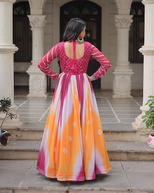 Womenline Pink Color Faux Georgette Bandhej Print Navratri Gown