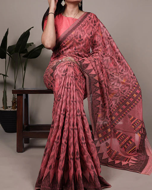 Womenline Orange Color Thread Weaving Poly Cotton Saree