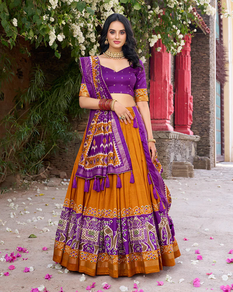 Womenline Designer Patola Printed Mustard Color Tussar Silk Lehenga Choli