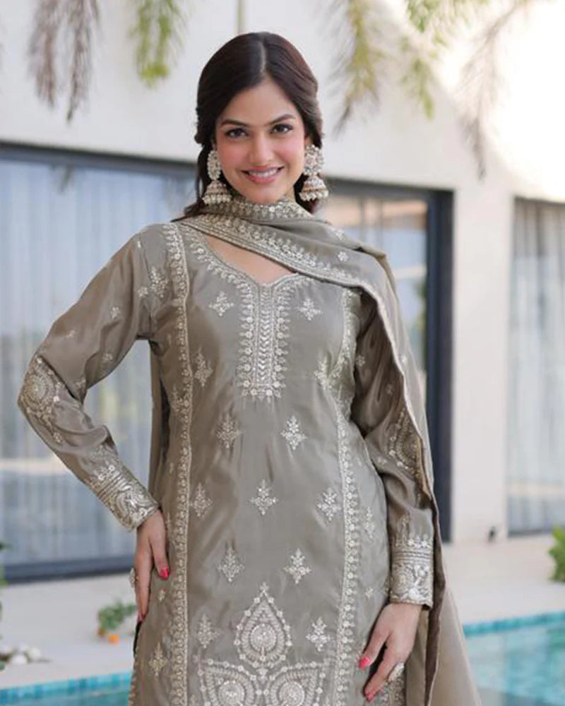 Womenline Grey Color Ho Silk Embroidered Kurti Suit