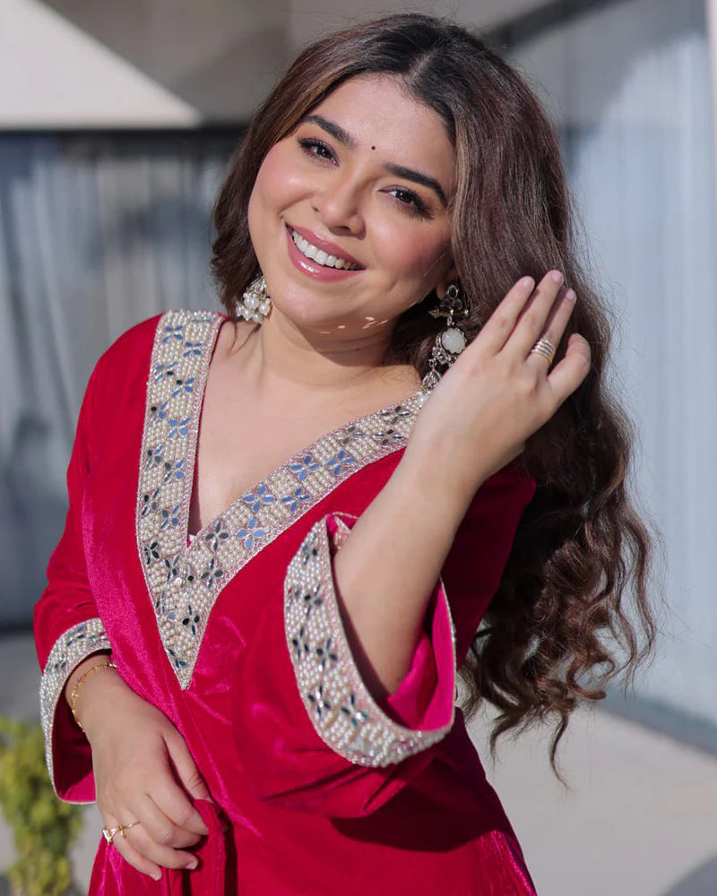 Womenline Rani Pink Color Ice Velvet Embroidered Plazzo Suit