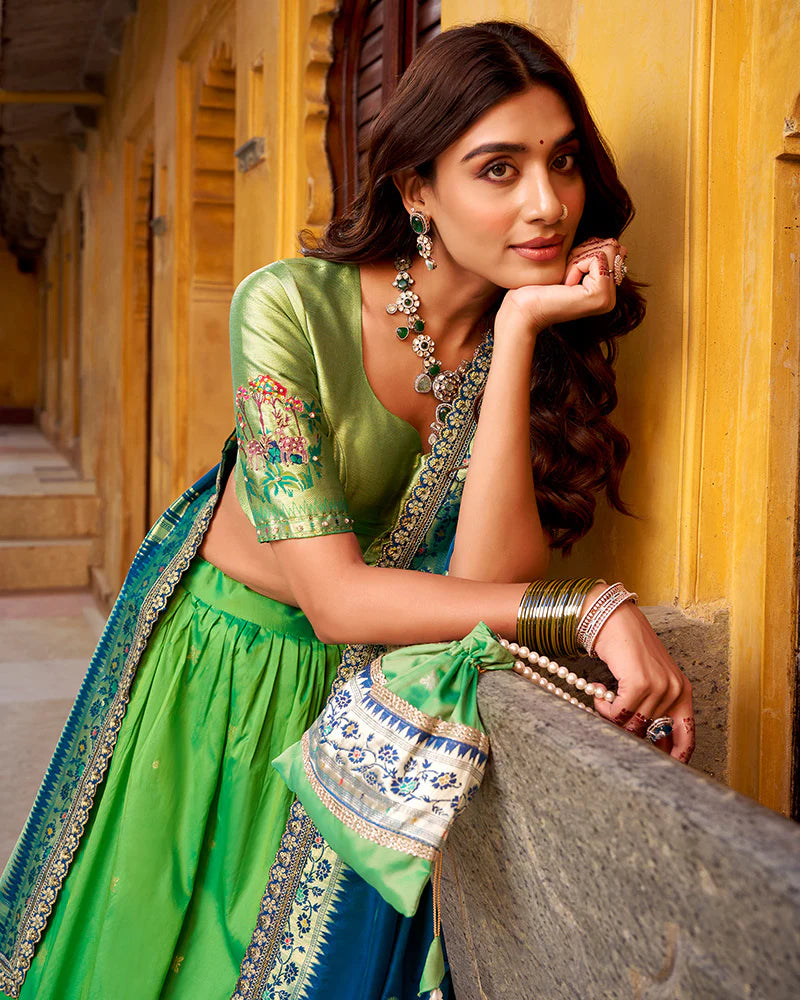 Womenline Parrot Green Color Soft Silk Paithani Lehenga Choli