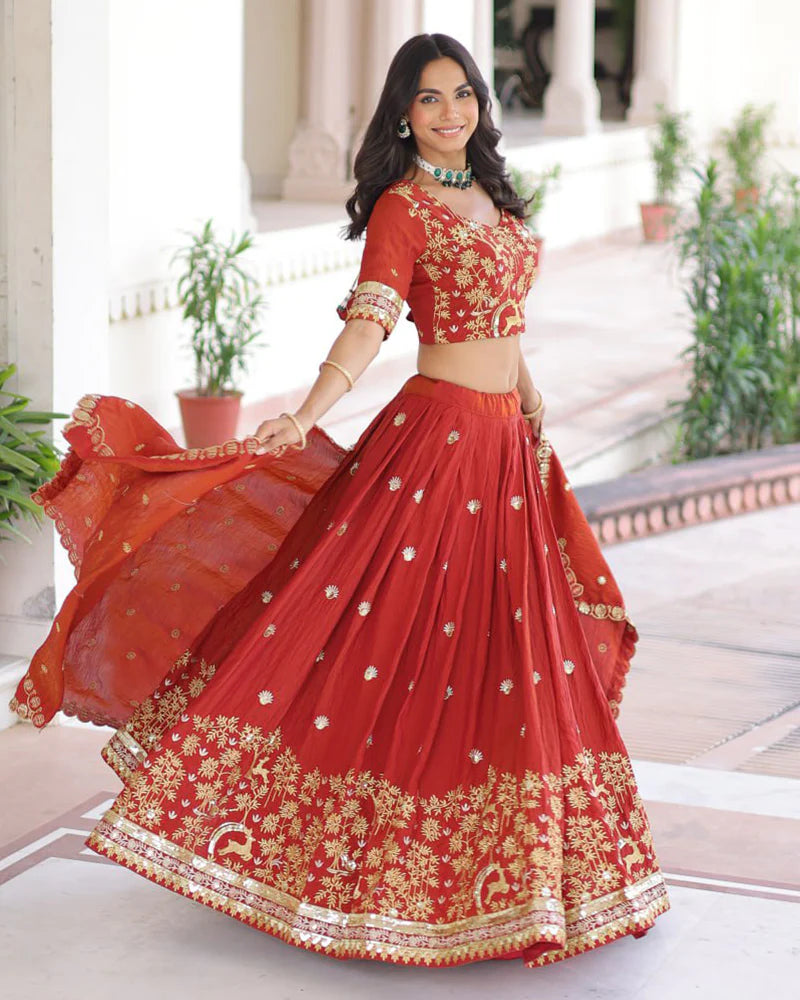 Womenline Red Color Vichitra Silk Sequence Embroidered Lehenga Choli