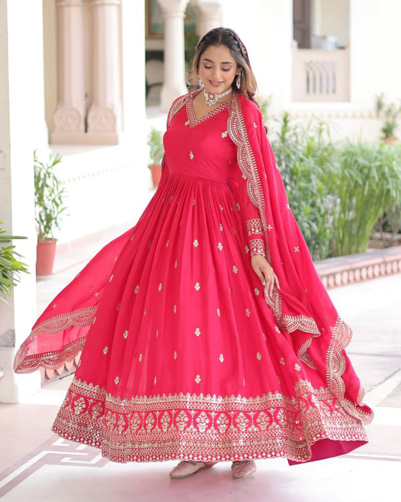Womenline Bright Pink Vichitra Silk Sequence Embroidered Gown