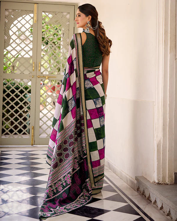 Womenline Green Color Polyester Chanderi Printed Saree