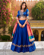 Womenline Designer Royal Blue Color Vichitra Silk Embroidered Lehenga Choli