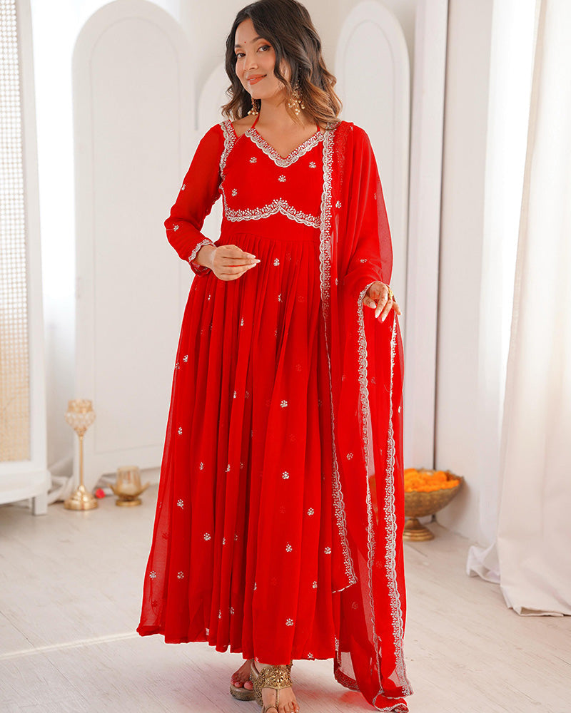 Womenline Red Color Georgette Sequence Embroidered Anarkali Suit