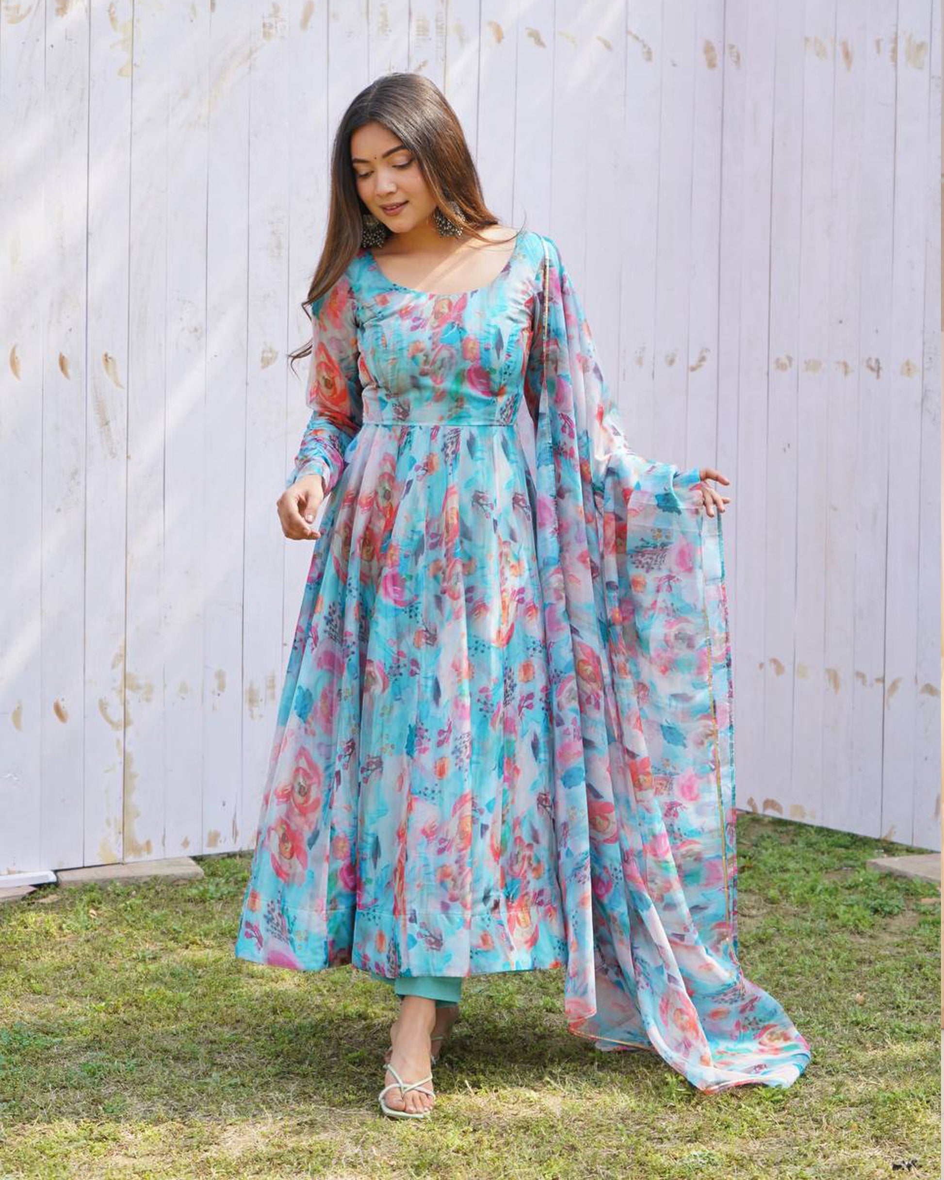 Womenline Sky Blue Multi Color Print Organza Three Piece Anarkali Suit