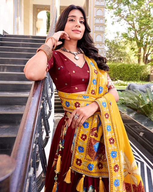 Womenline Maroon Color Tussar Silk Printed With Foil Work Lehenga Choli