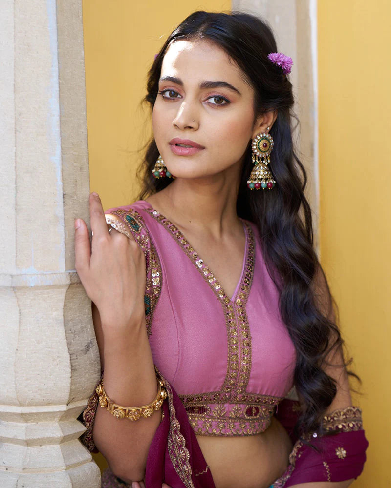 Womenline Baby Pink Color Star Georgette Embroidered Lehenga Choli