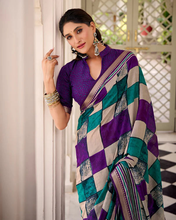 Womenline Purple Color Polyester Chanderi Printed Saree